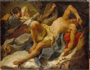 La muerte del rey Candaules - Asesinado por Gyges, su confidente y rival, que lo apuñala y se casa con su esposa la reina Tudo - Pintura de Giambattista (Giovan Battista) (Gio