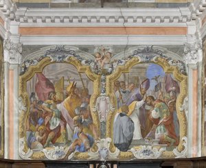 San Ambrosio expulsando al Emperador Teodosio del Templo y La penitencia y bendición de Teodosio de Giovanni Battista Pozzo