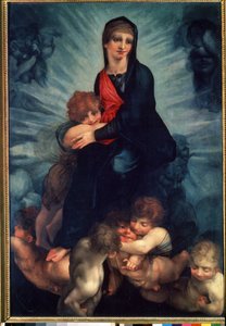 La Virgen y el Niño con ángeles (La Virgen y el Niño con ángeles). Pintura de Fiorentino Rosso (1495-1540). Óleo sobre tela de Giovanni Battista Rosso Fiorentino