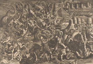 Los troyanos repelen a los griegos, 1538 de Giovanni Battista Scultori