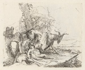 Una ninfa con un pequeño sátiro y dos cabras, de Vari capricci (Varios Capriccios) de Giovanni Battista Tiepolo