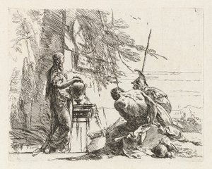 Una mujer con las manos en un jarrón, un soldado y un esclavo, de Vari capricci (Capriccios varios) de Giovanni Battista Tiepolo