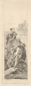 Un hombre barbudo, sentado, mira por encima de su hombro derecho hacia un niño y una mujer, ca. 1750-55 de Giovanni Battista Tiepolo