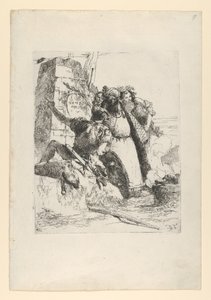 Un mago, un soldado y tres figuras observando un cráneo en llamas de los Scherzi, ca. 1743-50 de Giovanni Battista Tiepolo