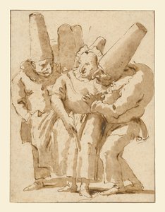 Punchinellos acercándose a una mujer de Giovanni Battista Tiepolo