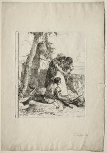 Scherzi di Fantasia: Mago señalando una cabeza ardiente a dos jóvenes, 1750s