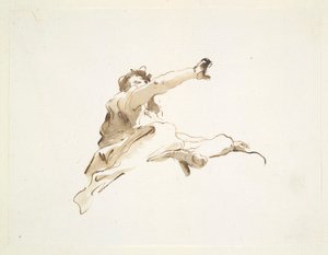 Figura sentada con la cabeza girada hacia la izquierda y el brazo derecho levantado, visto desde abajo de Giovanni Battista Tiepolo