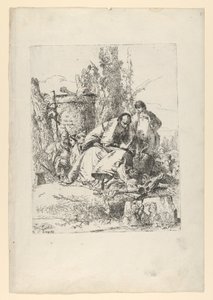 Mago sentado, niño y cuatro figuras del Scherzi di Fantasia de Giovanni Battista Tiepolo