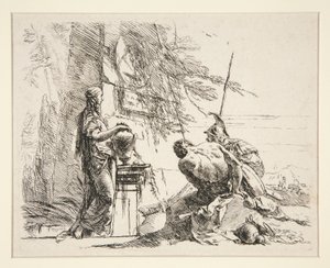 Mujer de pie y hombre sentado ante un obelisco, de la serie Vari Capricci de Giovanni Battista Tiepolo