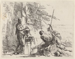 Mujer de pie y hombres sentados frente a un obelisco de Giovanni Battista Tiepolo