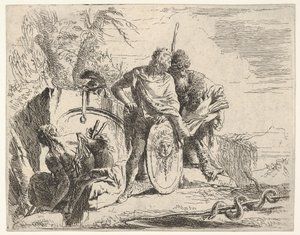 Tres figuras y una serpiente enrollada alrededor de un bastón, rodeadas por un paisaje de Giovanni Battista Tiepolo