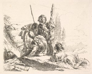 Tres soldados y un joven acostado sobre su abdomen en un paisaje, los soldados llevan una..., ca. 1740-42 de Giovanni Battista Tiepolo