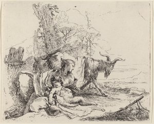 Mujer, niño sátiro y cabra en un paisaje de Giovanni Battista Tiepolo