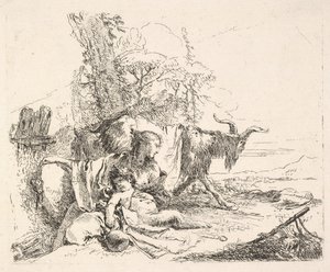 Mujer y sátiro infantil en un paisaje, la mujer girando para mirar sobre su hombro izquierdo de Giovanni Battista Tiepolo