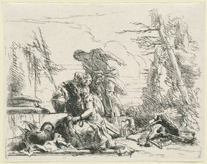 Mujeres y hombres observando una pira ardiente de huesos de Giovanni Battista Tiepolo