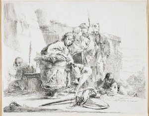 Joven sentado, apoyado en una urna, placa de Vari Capricci, 1740s de Giovanni Battista Tiepolo