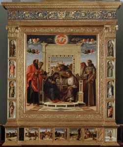 Retablo de Bellini: parte central “coronación de la Virgen entre San Pedro y San Pablo (izquierda) y San Jerónimo y San Francisco de Asís (derecha)” Pintura al óleo y temple por Giovanni Bellini (alrededor de 1432-1516) llamado il Giambellino. 1475 aprox. de Giovanni Bellini