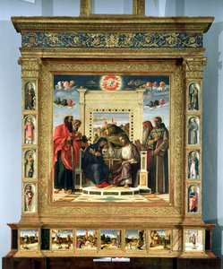 Coronación de la Virgen con San Pablo, San Pedro, San Jerónimo y San Francisco de Asís con escenas de las vidas de los santos en el panel predela, conocido como el retablo Pala di Pesaro, c.1474 de Giovanni Bellini