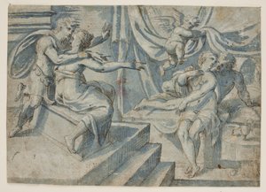 Una pareja enamorada en una cama es descubierta por un putto para un soldado romano y su mujer de Giovanni Bellini