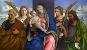 Madonna y el niño con santos de Giovanni Bellini