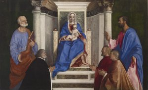 Madonna y Niño con los Santos Pedro y Marcos y Tres Procuradores Venecianos, 1510 de Giovanni Bellini