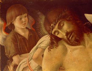 Piedad o Cristo muerto sostenido por ángeles, hacia 1474, de Giovanni Bellini (1431-36 - 1516), temple sobre tabla, 91x131 cm. Detalle.