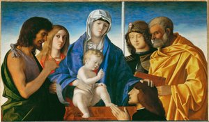 Virgen y niño con santos Juan Bautista, Magdalena, Jorge y Pedro ... de Giovanni Bellini