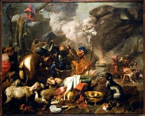 El sacrificio de Noé después del diluvio. Pintura de Giovanni Benedetto Castiglione dit il Grechetto (1610-1665) siglo XVII. Génova, Musei di Strada Nuova de Giovanni Benedetto Castiglione