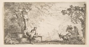 Un sátiro reclinado al pie de una estatua de Príapo, cabras a la derecha, ca. 1645-48