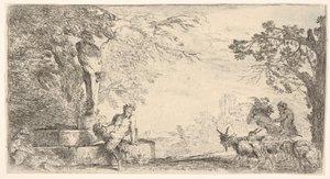 Un sátiro reclinado al pie de una estatua de Príapo, cabras a la derecha, ca. 1645-48 de Giovanni Benedetto Castiglione