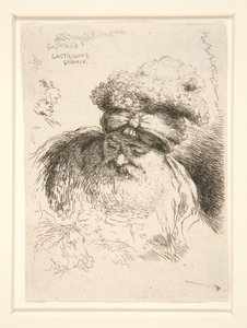 Un anciano con una gran barba, visto de frente, con la cabeza y los ojos bajos, de la serie Les petites tetes d