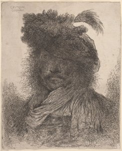 Hombre barbudo con rostro sombreado, usando una bufanda y un sombrero con pluma