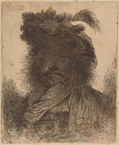Hombre barbudo con cara sombreada, con bufanda y sombrero con pluma de Giovanni Benedetto Castiglione