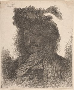 Hombre barbudo con rostro sombreado, con bufanda y sombrero con pluma