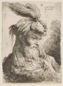 Cabeza de un hombre barbudo con turbante mirando a la derecha, de la serie de Pequeñas Cabezas..., ca. 1645-1650