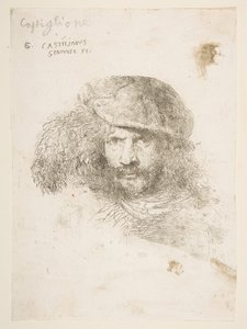 Cabeza de un hombre con un gorro con plumas posiblemente Bernini, posiblemente un autorretrato, ca. 1645-1650 de Giovanni Benedetto Castiglione