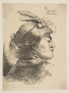 Hombre con un pequeño turbante adornado con plumas y cinta, mirando a la derecha, de..., ca. 1645-1650 de Giovanni Benedetto Castiglione
