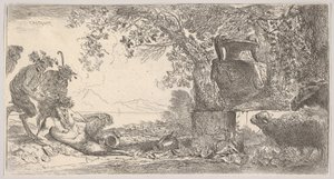 Pan reclinado a la izquierda con dos sátiros de pie, un gran jarrón en un pedestal a la derecha de Giovanni Benedetto Castiglione