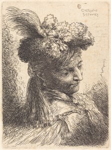 Joven con tocado de piel y cinta en la frente, mirando hacia la derecha de Giovanni Benedetto Castiglione