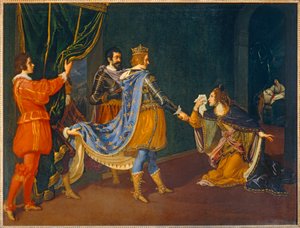 Isabel de Aragón suplicando a Carlos VIII en nombre de su padre, Alfonso, rey de Nápoles, y de su marido, Giovanni Galeazzo Sforza, duque de Milán ...