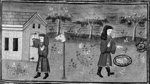 Decamerón,Frédéric llama a la puerta de Madame Tessa; el hombre encuentra comida y vino bajo un melocotonero. Séptimo día, cuento 1 de Giovanni Boccaccio