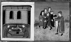 Decameron, Giovanni del Bragoniera y Biagio Pizzini roban la reliquia al hermano Ciboule; el fraile marca las ropas de los aldeanos con las brasas. Sexto día, noticia 10 de Giovanni Boccaccio