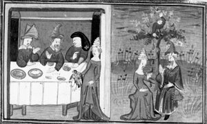 Decamerón,Lidia mata al gavilán de su marido; la esposa conversa con su marido en el prado. Séptimo día, noticia 9 de Giovanni Boccaccio