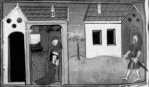 Decamerón, Arimino escucha la confesión de su mujer; el hombre monta guardia en la puerta de la casa. Séptimo día, relato 5 de Giovanni Boccaccio