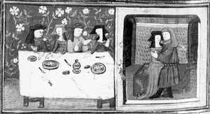 Decamerón, Spinelloccio y Zeppa se sientan a la mesa con sus esposas; Zeppa besa a la esposa de Spinelloccio. Octavo día, cuento 8 de Giovanni Boccaccio