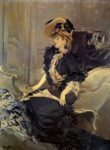 Belle Époque: “la visita”, Mujer joven elegante en vestido de noche. Pintura de Giovanni Boldini
