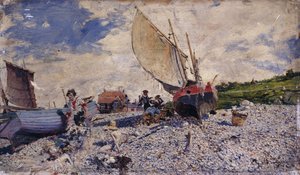 Playa de Etretat al norte de Le Havre; Spiagia di Etretat a Nordi di Le Havre, c.1870-72