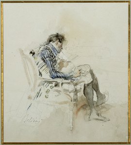 Caballero sentado en un sillón leyendo un libro y fumando una pipa de Giovanni Boldini