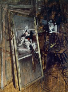 Dentro del estudio del pintor con la pintura Joven Chica, Errazuriz de Giovanni Boldini