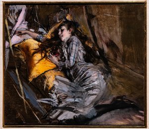 Niña reclinada con vestido de tartán de Giovanni Boldini